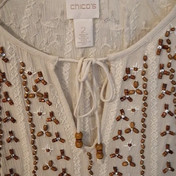 Chicos Cream Tunic Featuring Gold, Wood, And Embroidered Embelishments - Picture 2 of 8